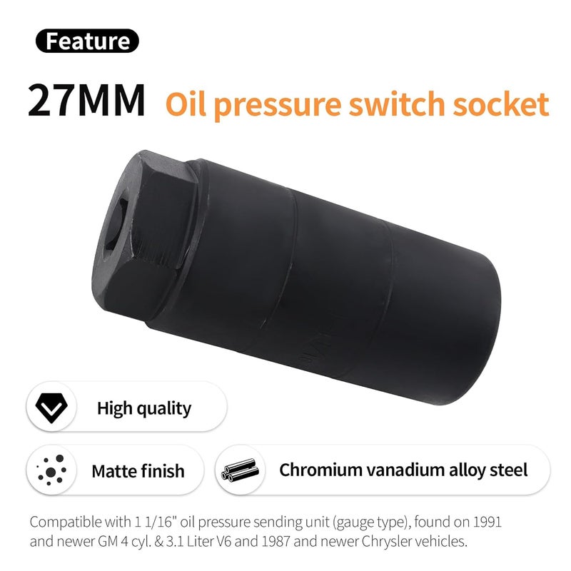 OXCANO Oil Pressure Sensor Socket, 1 1/16 Socket Switch Compatible with 3/8" Drive or 1 1/8" Hex Wrench, Professional for Quick Removing/Installing Sending Unit (Black) - Image 3